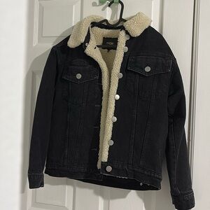 Maje Faux-Shearling Trim Denim Jacket — black